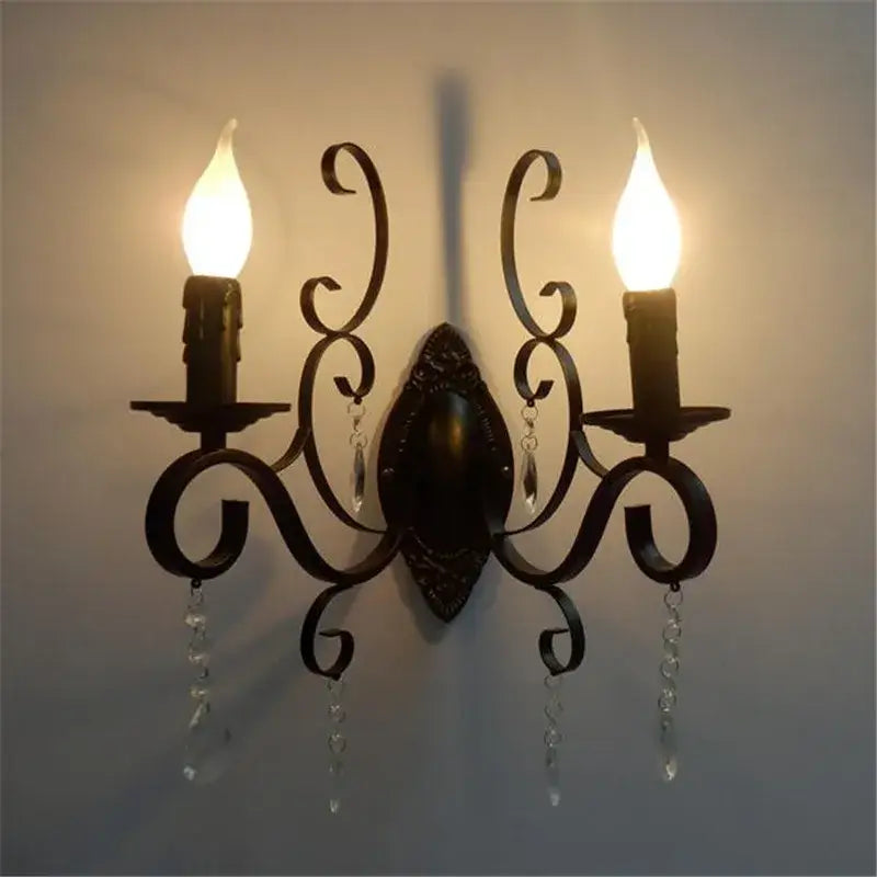 Ornate black wrought iron crystal wall lamp living room sconce