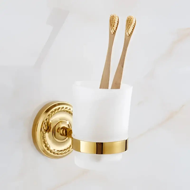DecorBites™ Brass Gold Bathroom Hardware Set: Towel Rack, Paper Holder, Toilet Brush, Hooks, Towel Ring