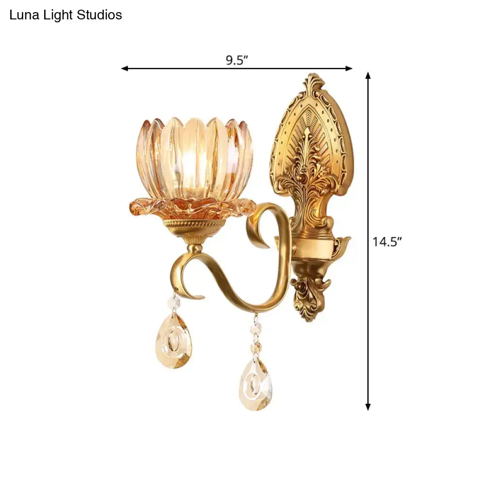 DecorBites™ Petal Wall Mount Amber Glass Bedroom Wall Lighting with Crystal Deco - Modern Design in Brass