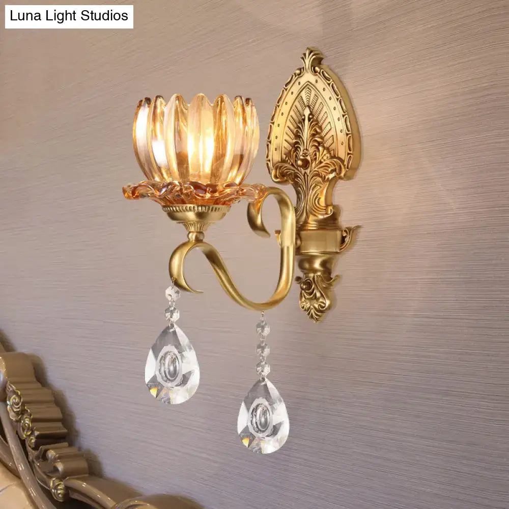 DecorBites™ Petal Wall Mount Amber Glass Bedroom Wall Lighting with Crystal Deco - Modern Design in Brass