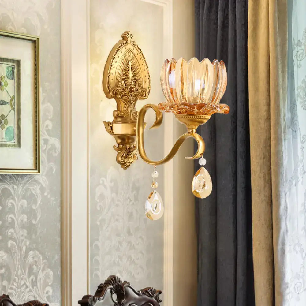 DecorBites™ Petal Wall Mount Amber Glass Bedroom Wall Lighting with Crystal Deco - Modern Design in Brass