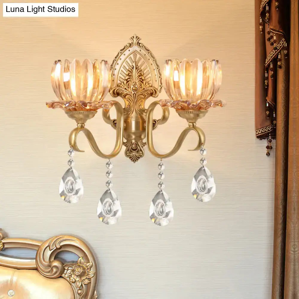 DecorBites™ Petal Wall Mount Amber Glass Bedroom Wall Lighting with Crystal Deco - Modern Design in Brass