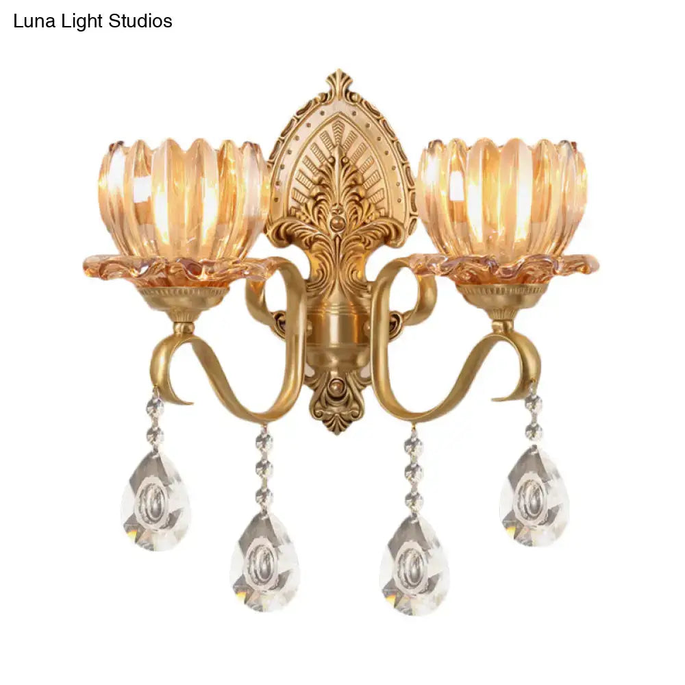 DecorBites™ Petal Wall Mount Amber Glass Bedroom Wall Lighting with Crystal Deco - Modern Design in Brass