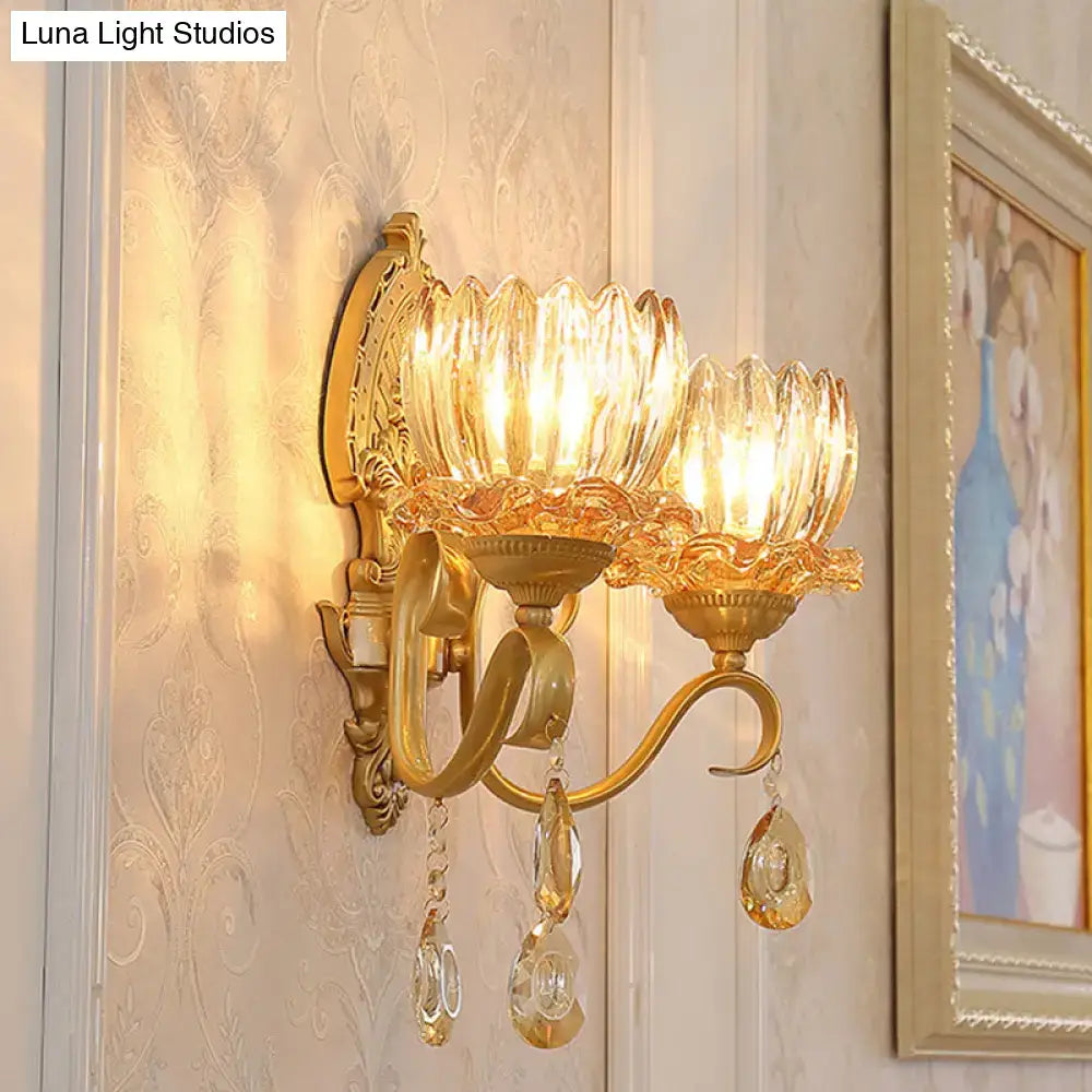 DecorBites™ Petal Wall Mount Amber Glass Bedroom Wall Lighting with Crystal Deco - Modern Design in Brass