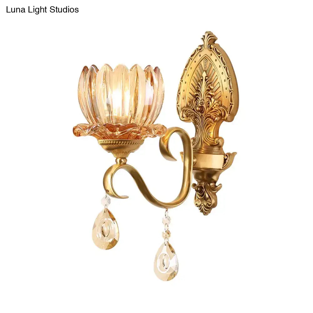 DecorBites™ Petal Wall Mount Amber Glass Bedroom Wall Lighting with Crystal Deco - Modern Design in Brass