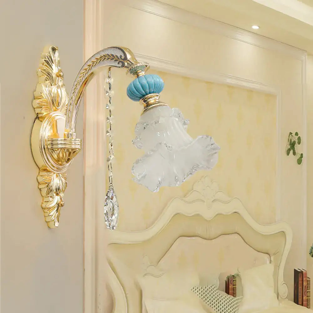 Ornate gold and blue glass wall mount light bedroom sconce