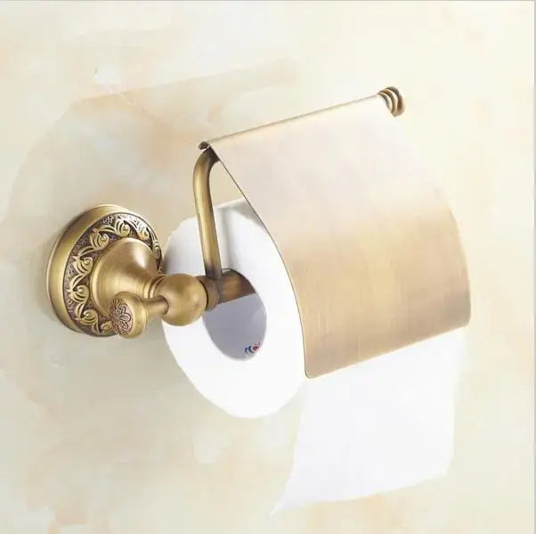 DecorBites™ Copper Carved Bathroom Accessories Set: Towel Shelf, Towel Bar, Paper Holder, Cloth Hook