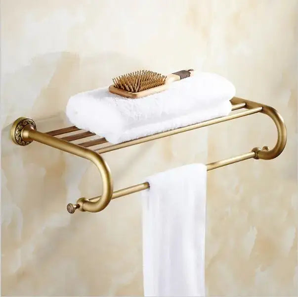 DecorBites™ Copper Carved Bathroom Accessories Set: Towel Shelf, Towel Bar, Paper Holder, Cloth Hook