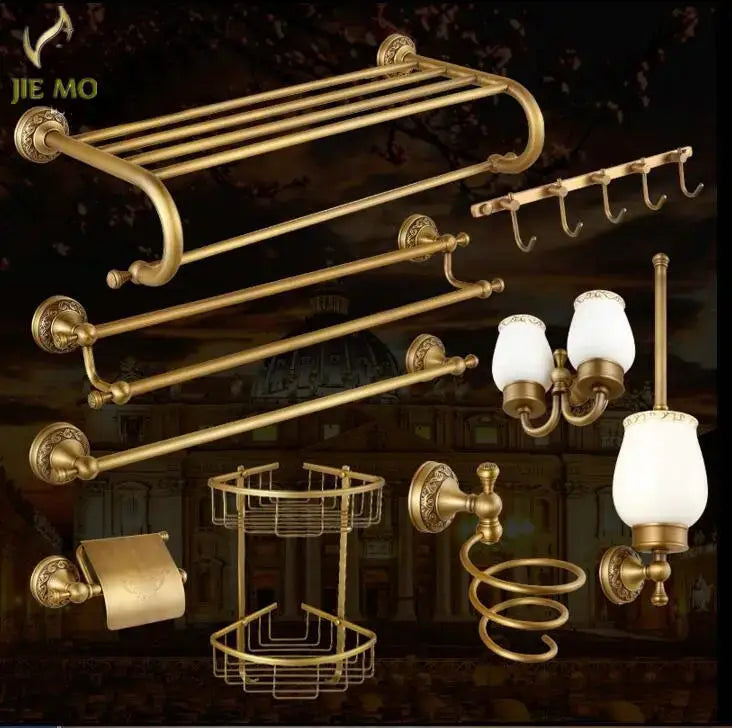 DecorBites™ Copper Carved Bathroom Accessories Set: Towel Shelf, Towel Bar, Paper Holder, Cloth Hook