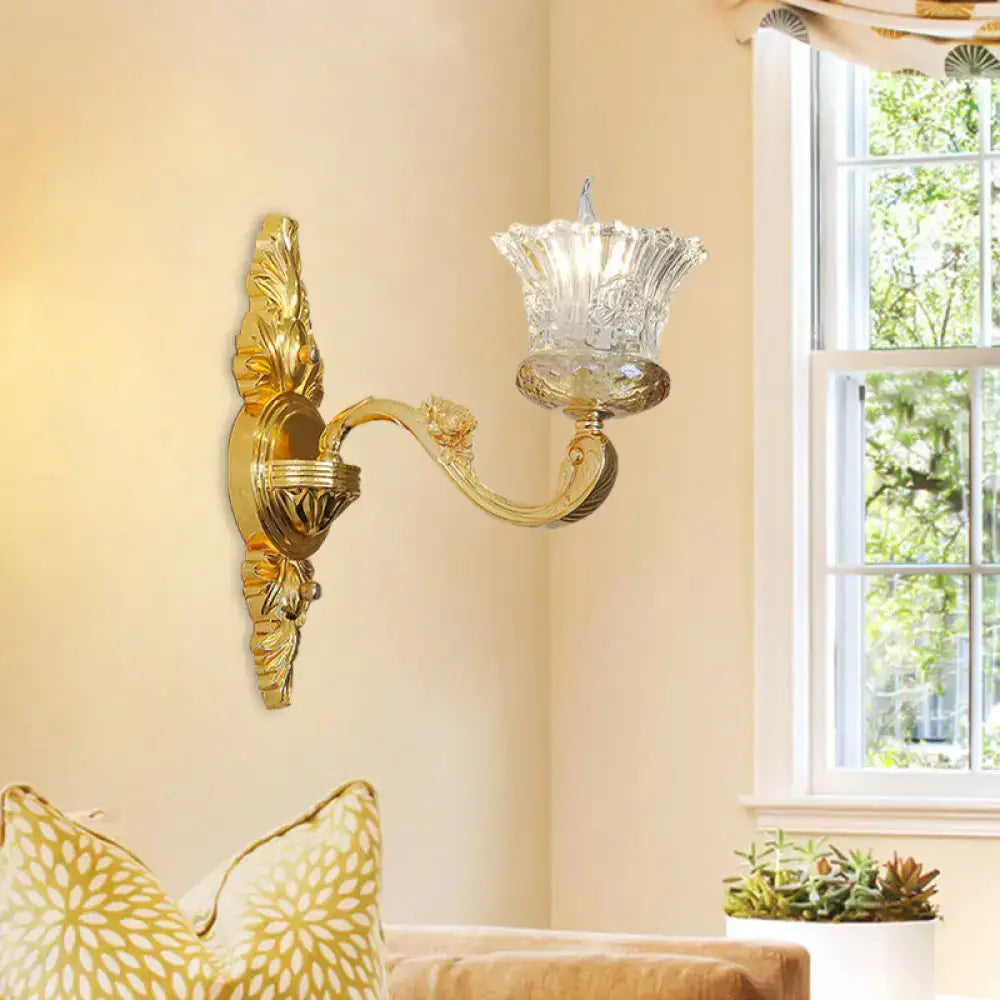 Ornate gold flower wall light crystal glass bedroom sconce