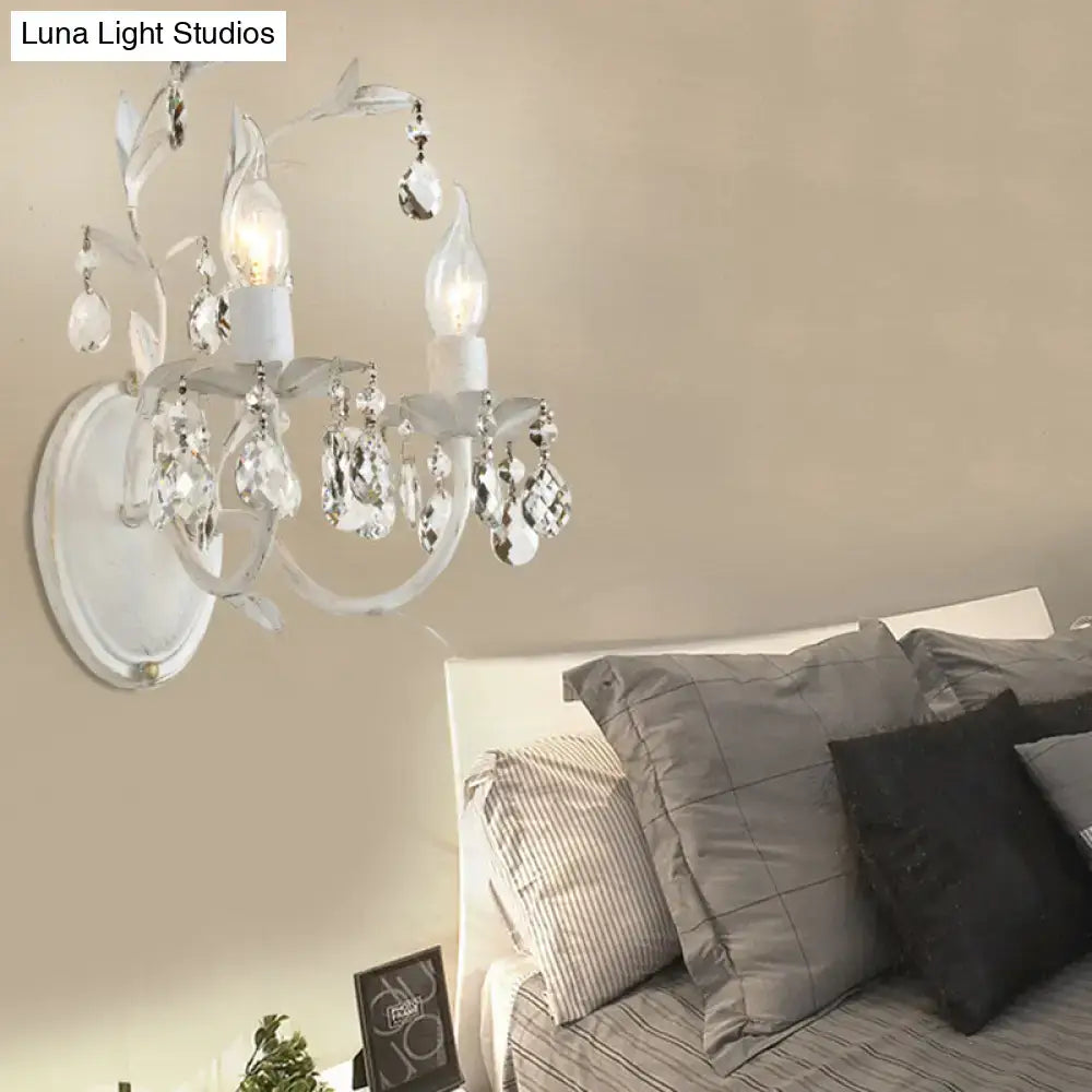 Ornate silver crystal leaf wall light fixture bedroom sconce