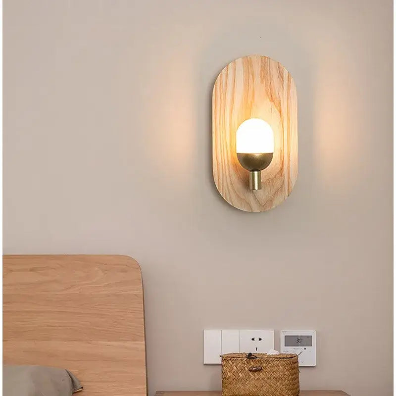 Oval led wooden wall lamp warm amber sconce for bedroom