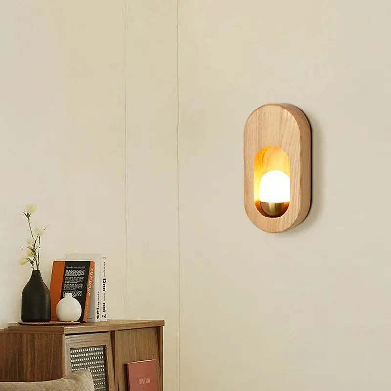 Oval led wooden wall lamp warm amber sconce for bedroom