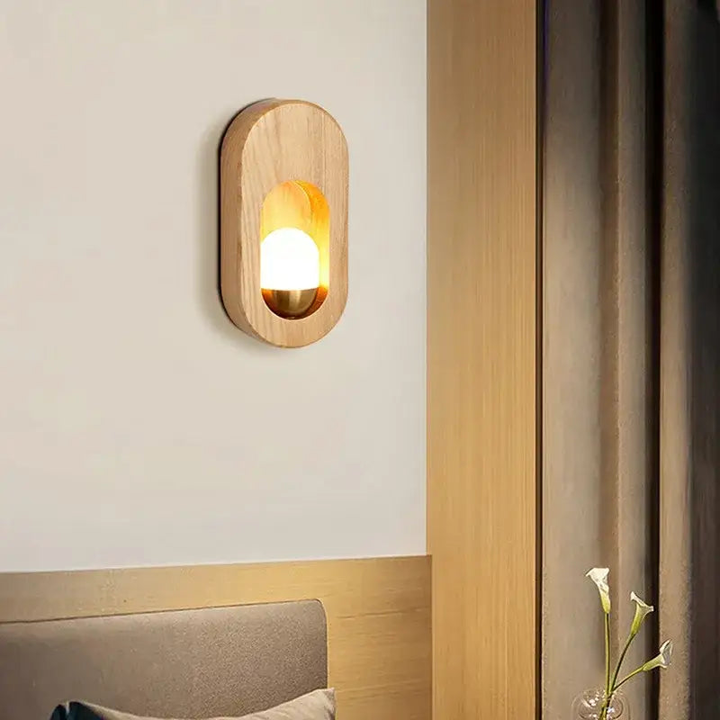Oval led wooden wall lamp warm amber sconce for bedroom