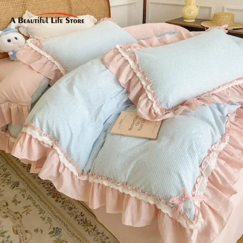 DecorBites™ Blue Pink Lattice Bedding Set: Princess Ruffles Bow, 100% Cotton Quilt Cover, Sheet, Pillowcases