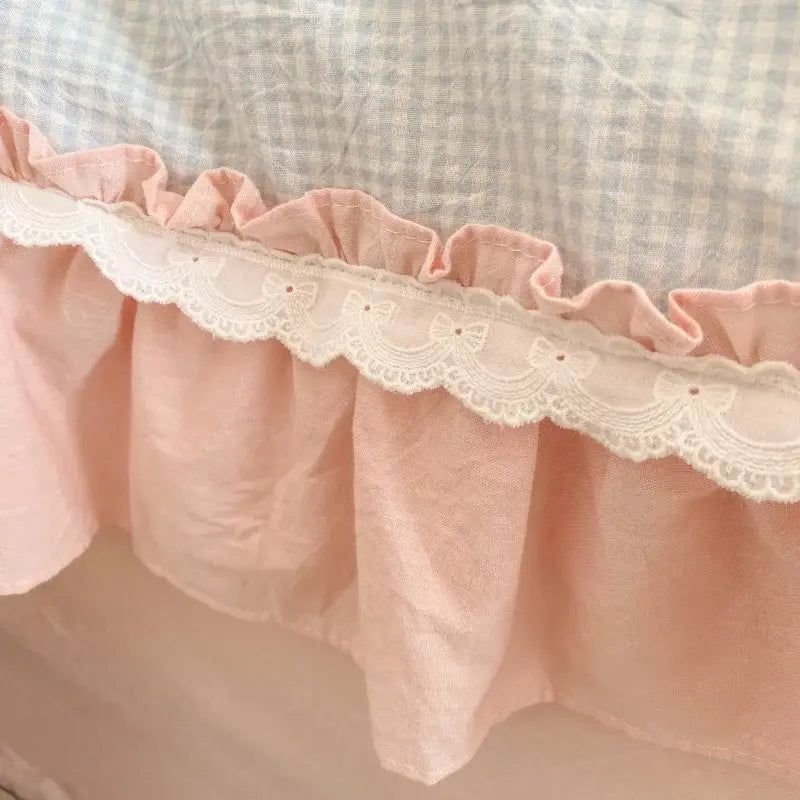 DecorBites™ Blue Pink Lattice Bedding Set: Princess Ruffles Bow, 100% Cotton Quilt Cover, Sheet, Pillowcases