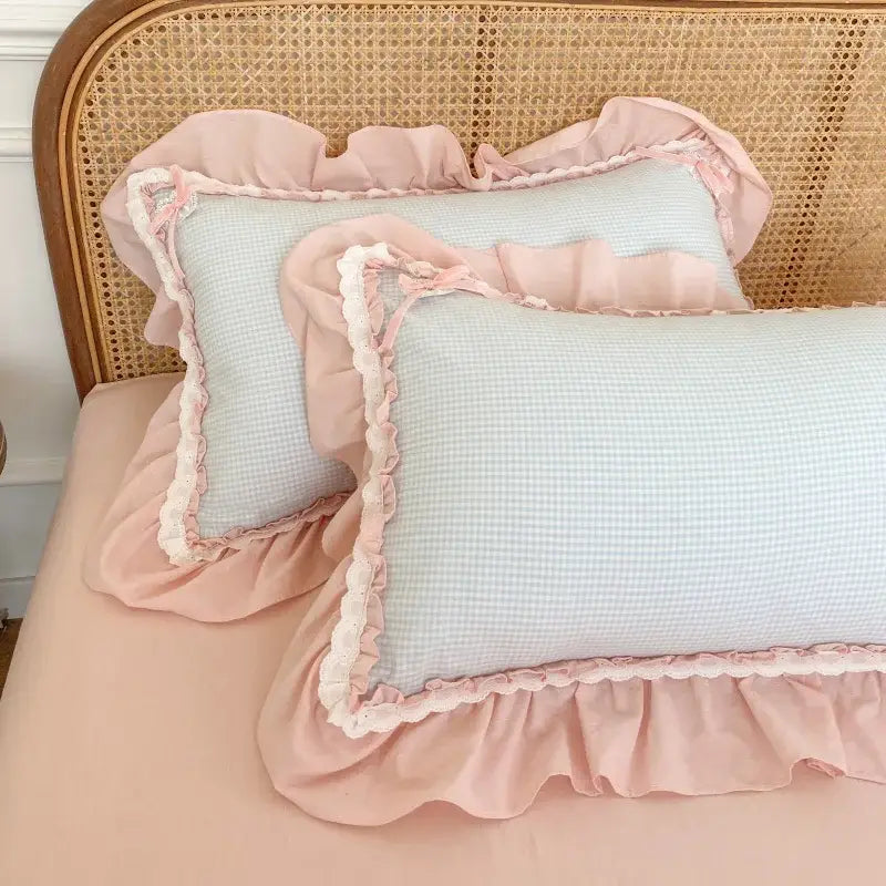DecorBites™ Blue Pink Lattice Bedding Set: Princess Ruffles Bow, 100% Cotton Quilt Cover, Sheet, Pillowcases