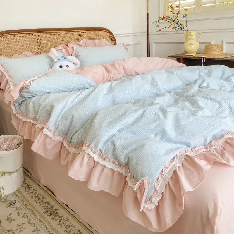 DecorBites™ Blue Pink Lattice Bedding Set: Princess Ruffles Bow, 100% Cotton Quilt Cover, Sheet, Pillowcases
