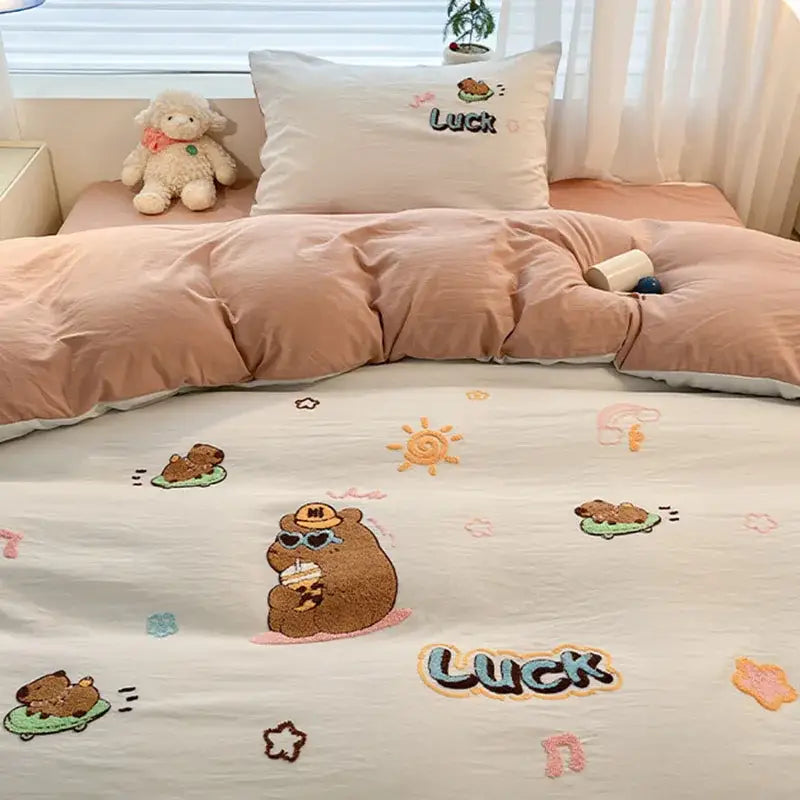 DecorBites™ Cartoon Embroidered Cotton Bedding Set for King/Queen Beds