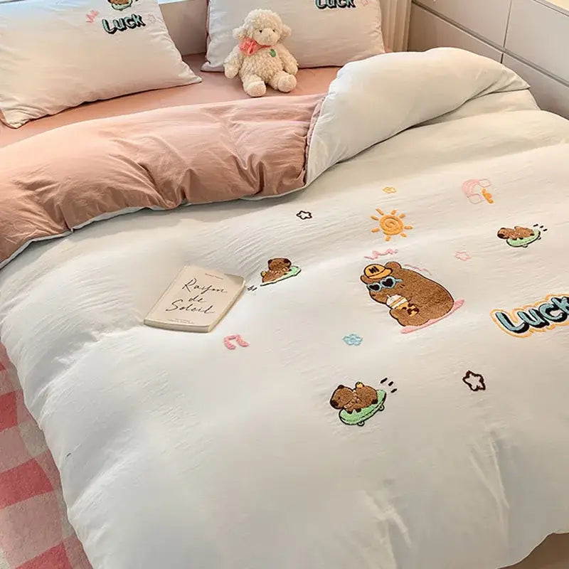 DecorBites™ Cartoon Embroidered Cotton Bedding Set for King/Queen Beds