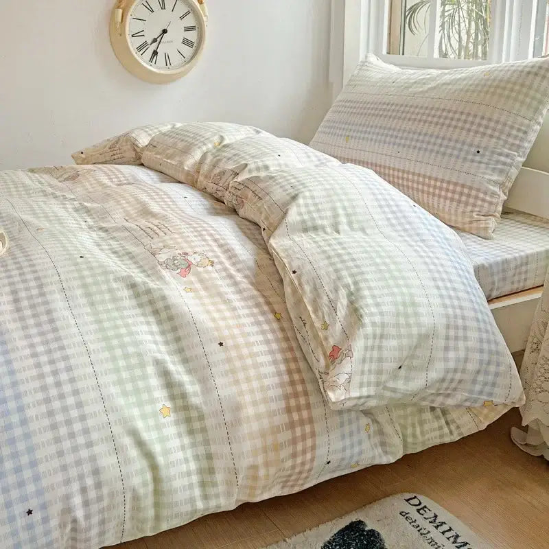 Pastel checkered cotton printed student bedding set bedroom decor