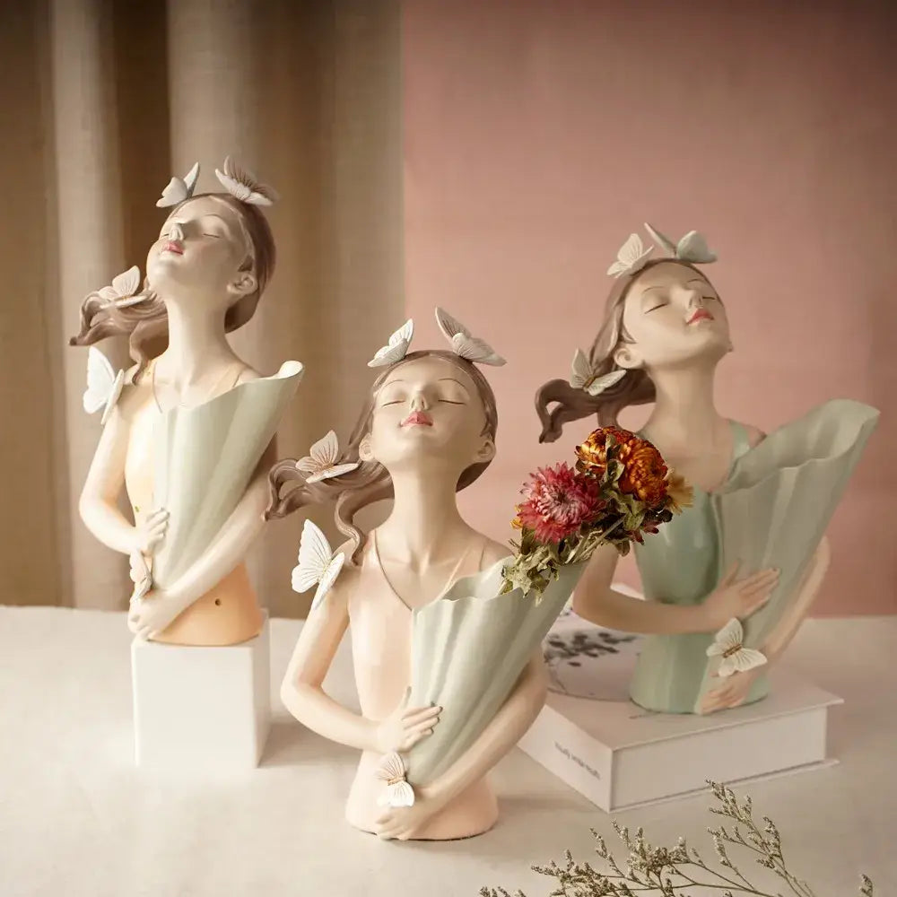 DecorBites™ 30cm Pink Butterfly Girl Vase Statue Modern Home Decor Resin Figurines