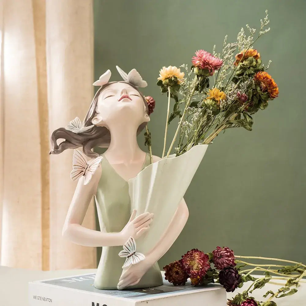 DecorBites™ 30cm Pink Butterfly Girl Vase Statue Modern Home Decor Resin Figurines