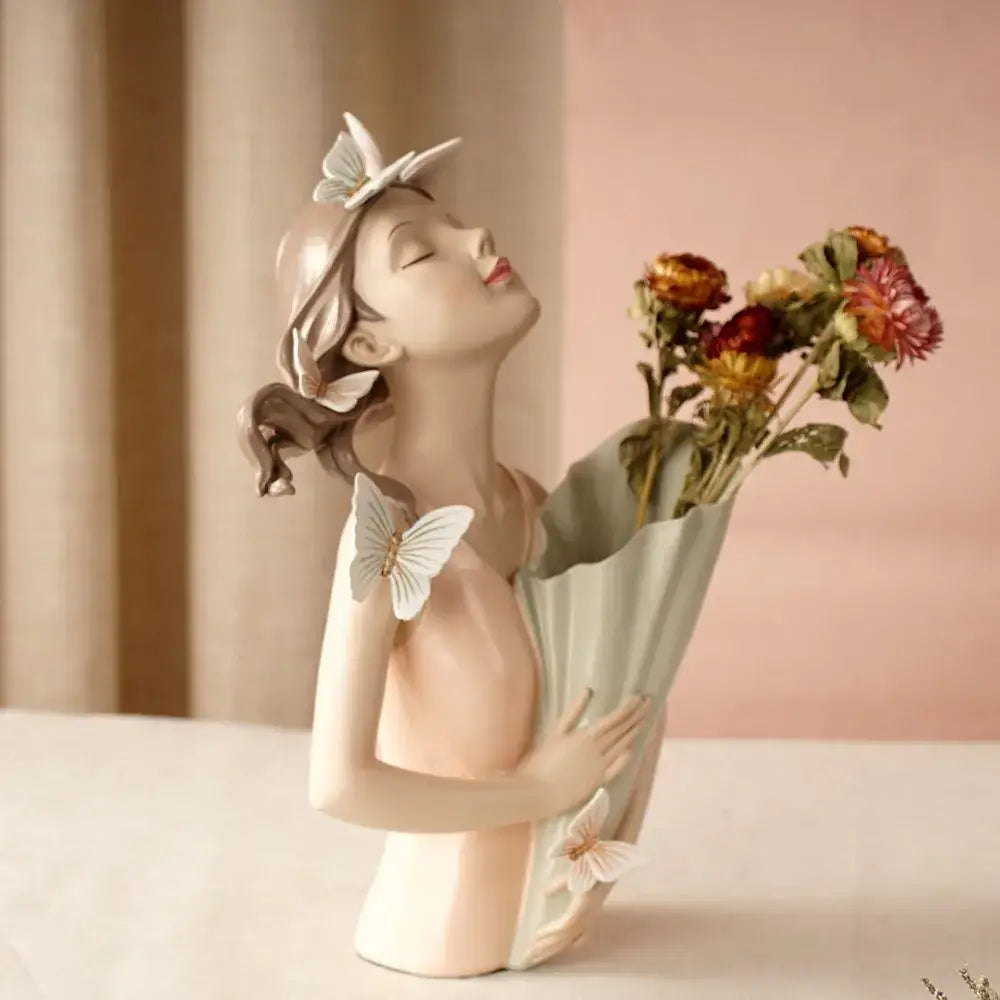 DecorBites™ 30cm Pink Butterfly Girl Vase Statue Modern Home Decor Resin Figurines