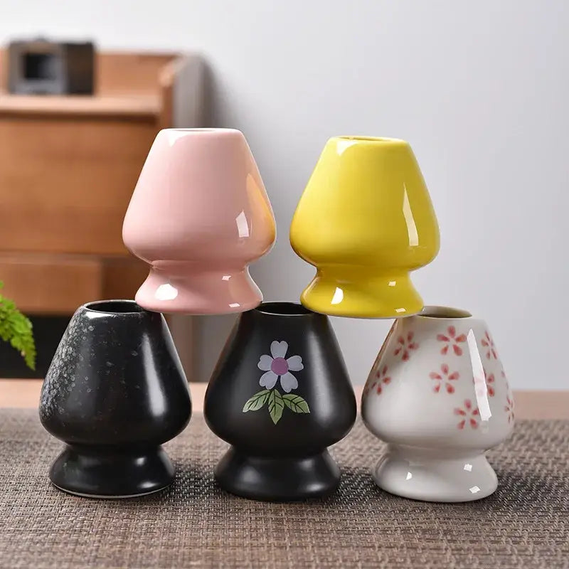 Pastel pink and yellow ceramic matcha whisk stand kitchen set