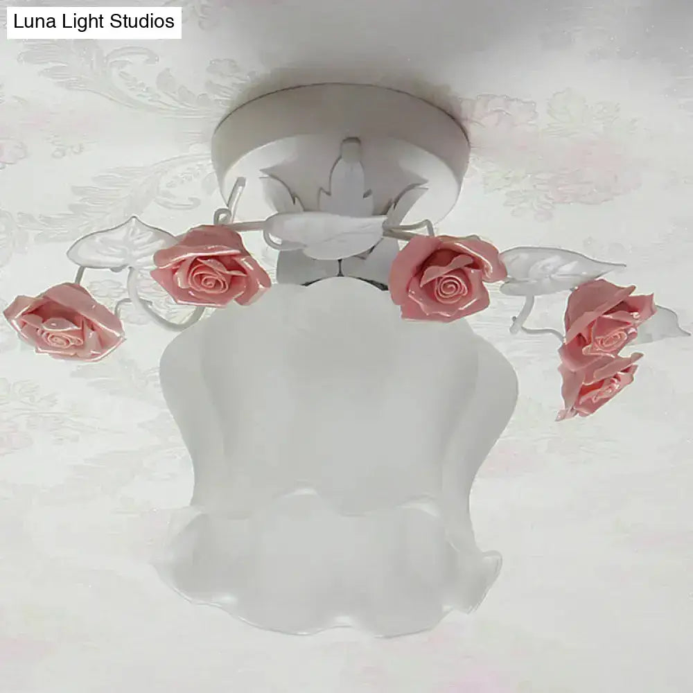 Pastoral pink & white rose glass semi flush light dining room ceiling