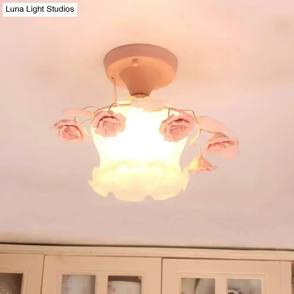 Pastoral pink & white rose glass semi flush light dining room ceiling