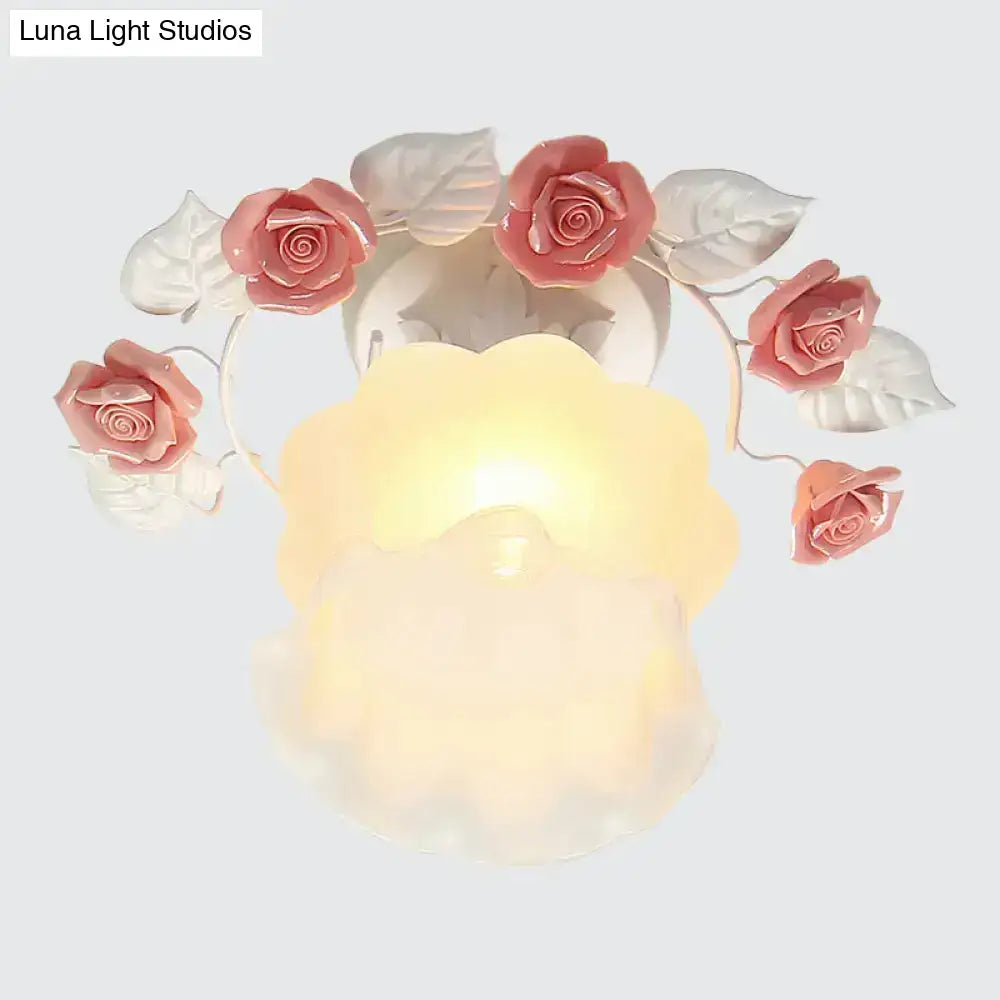 Pastoral pink & white rose glass semi flush light dining room ceiling