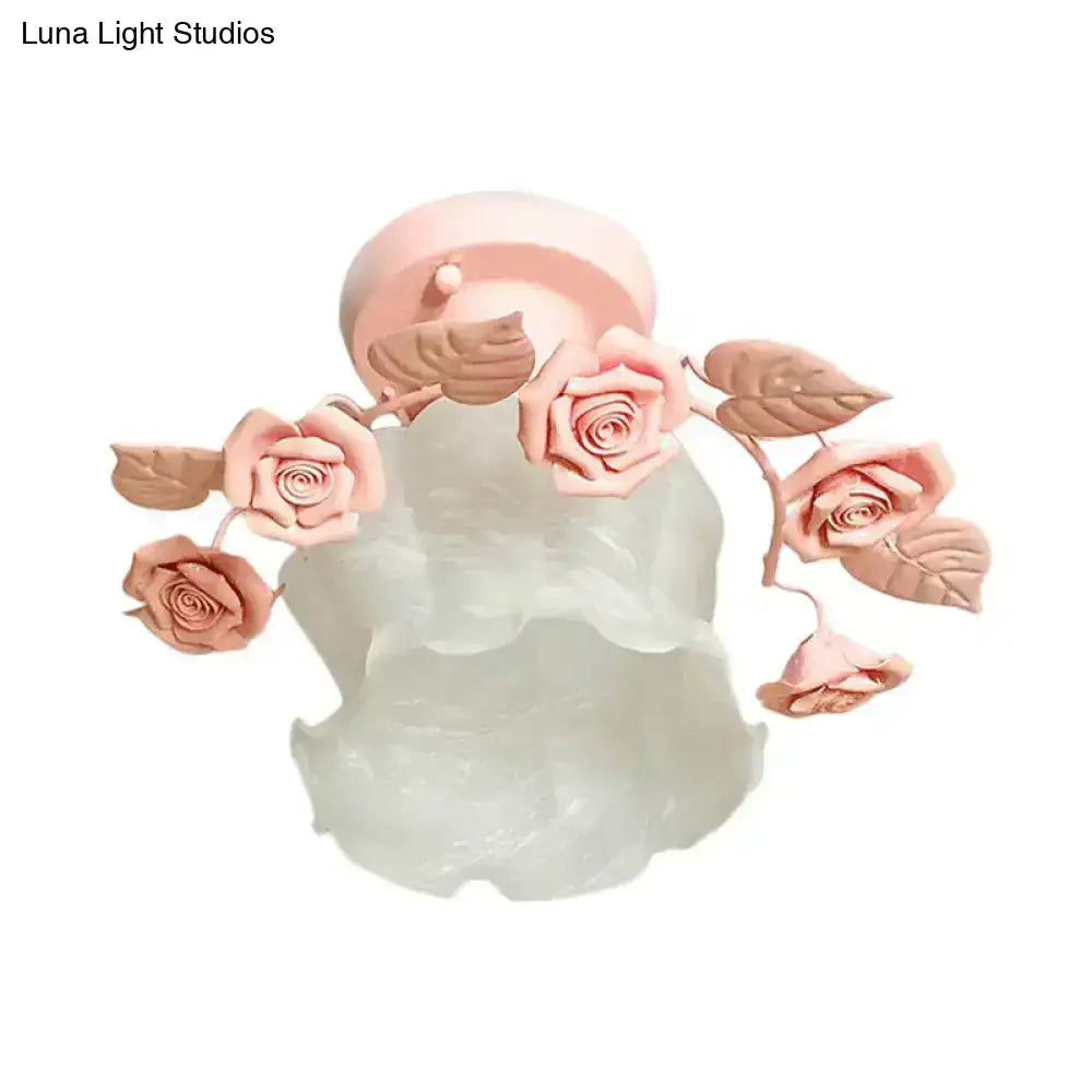 Pastoral pink & white rose glass semi flush light dining room ceiling