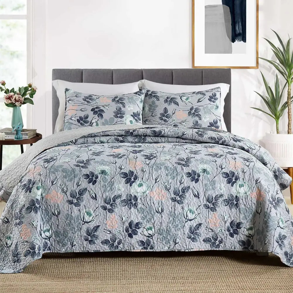 DecorBites™ Gray Patchwork Floral Coverlet Bedding Set, Ultra Soft All Season Bedspreads