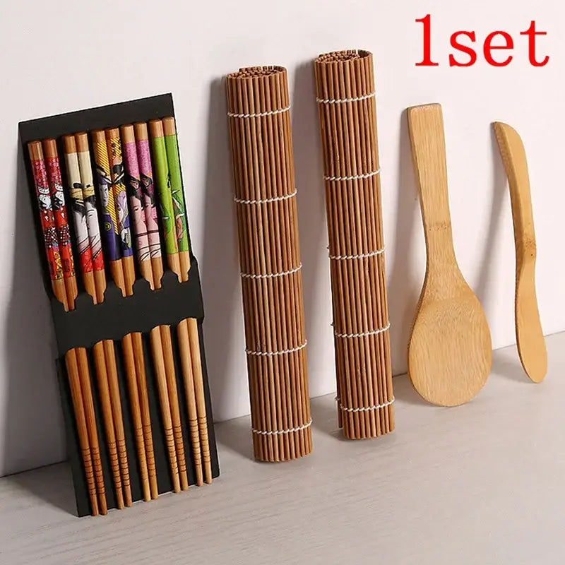 Patterned bamboo sushi maker set with knife and spoon kitchen kit