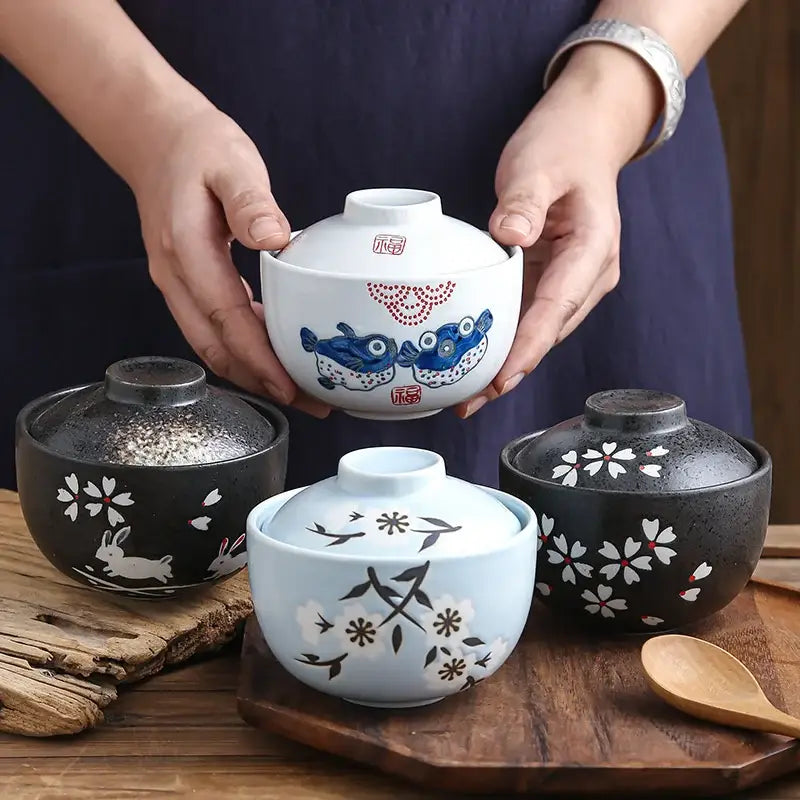 DecorBites™ 4.25" Ceramic Stew Pot Bowl with Lid - Multipurpose Steam Egg Soup Bowl - Small Steaming Cup for Slow Cooking - Home & Restaurant Tableware