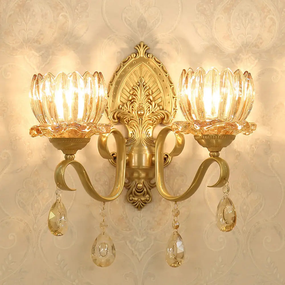 DecorBites™ Petal Wall Mount Amber Glass Bedroom Wall Lighting with Crystal Deco - Modern Design in Brass