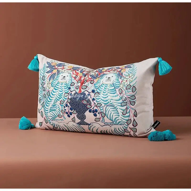 DecorBites™ Blue Lion Dog with Lemon Trees Lumbar Pillow Cover- GG Style Inspire
