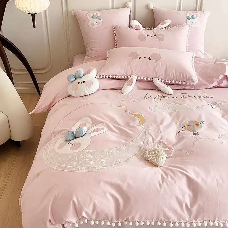 Pink cartoon rabbit moon cotton bedding set bedroom pom pom trim