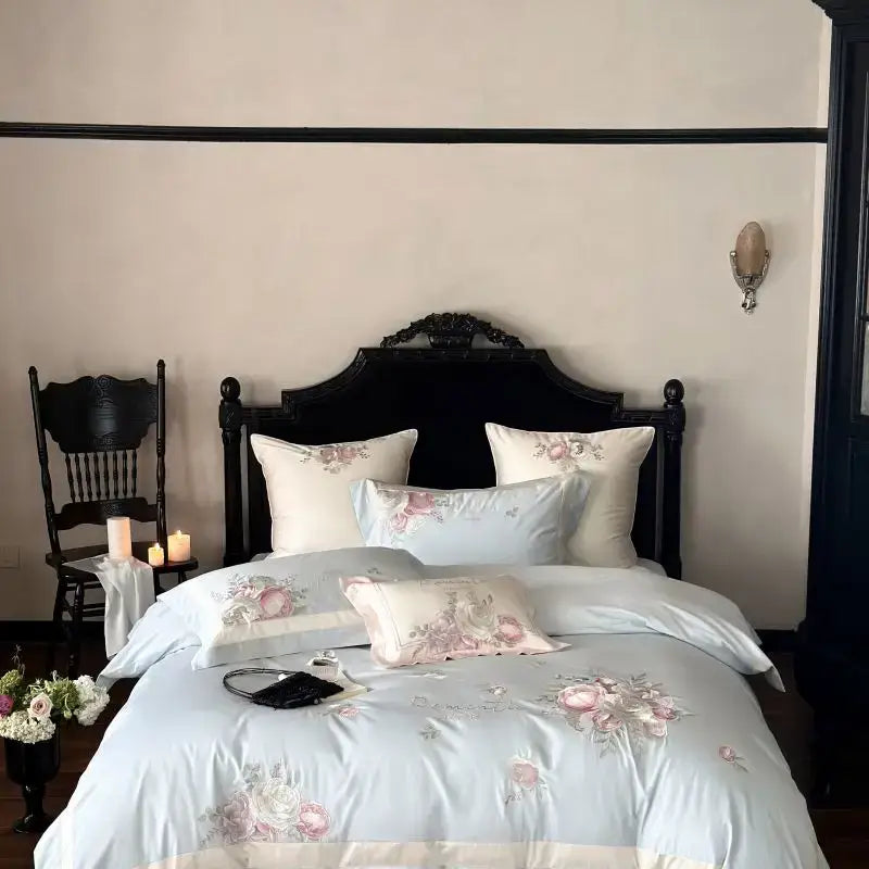 DecorBites™ 4-Pc Flowers Embroidery Bedding Set 1000TC Egyptian Cotton Duvet Cover Sheets