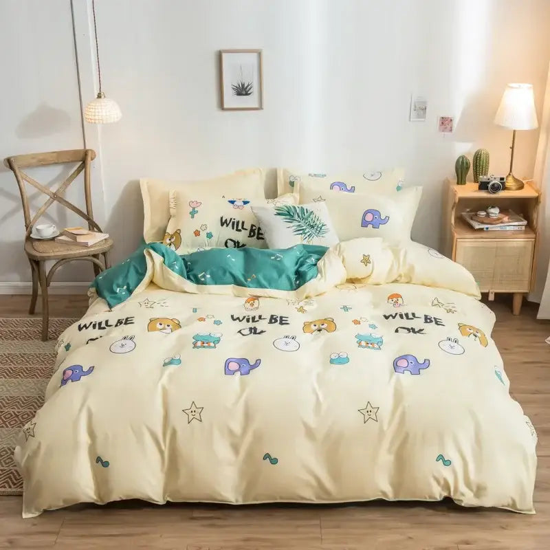 DecorBites™ Cartoon Print Bedding Set - Queen/King Size Duvet Cover, Sheets, Pillowcases