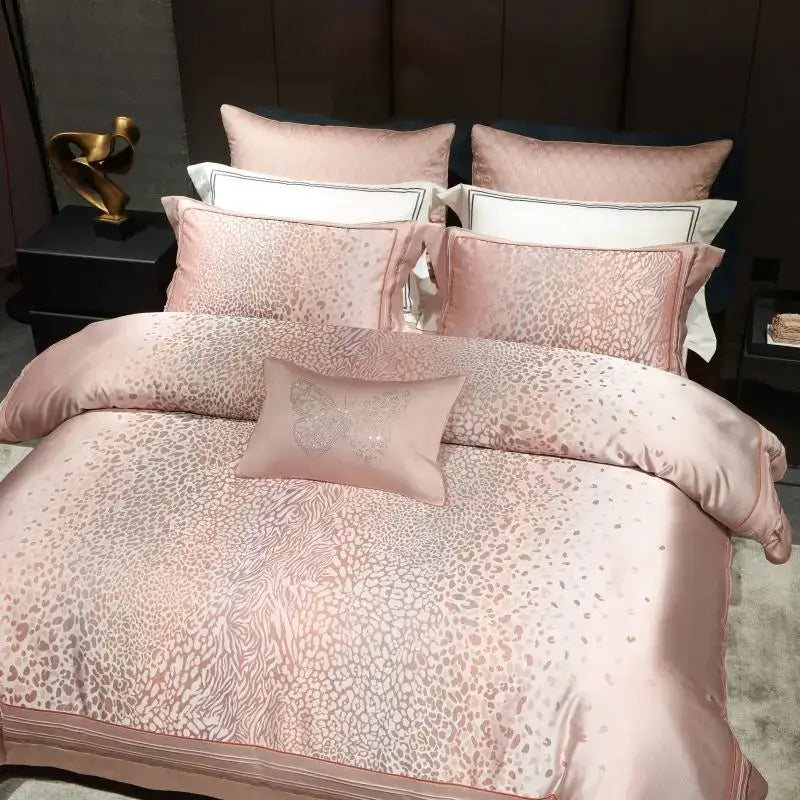 Pink leopard print egyptian cotton bedding set bedroom gold trim