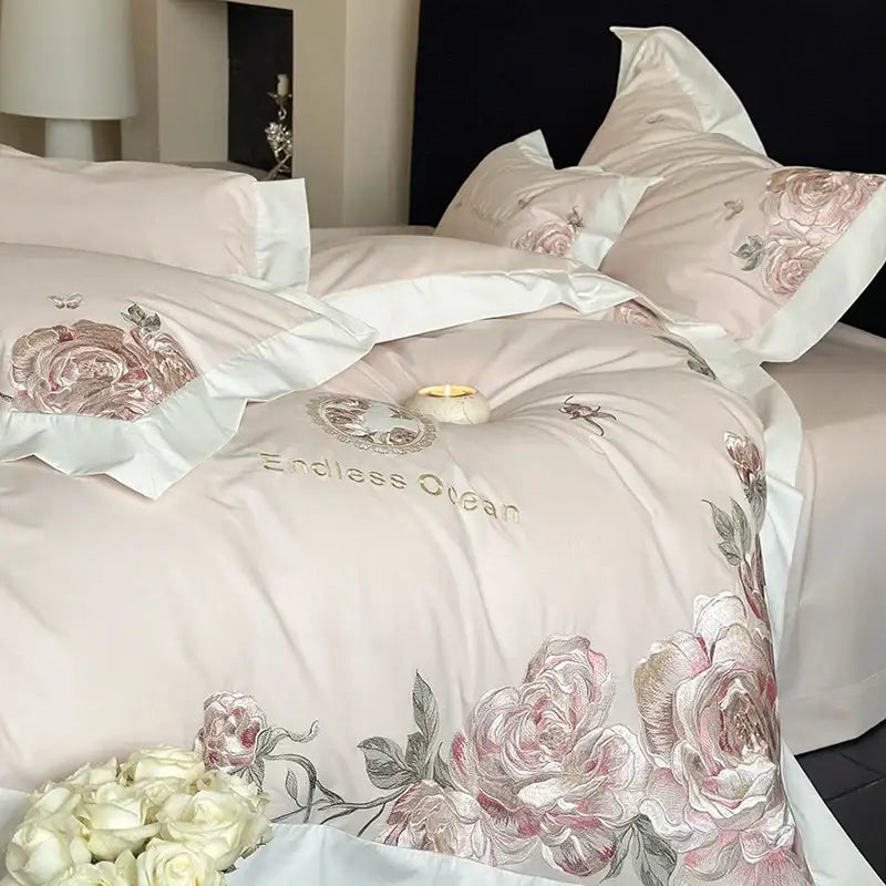DecorBites™ 4-Piece Pink Purple Flowers Embroidery Bedding Set in 1000TC Egyptian Cotton
