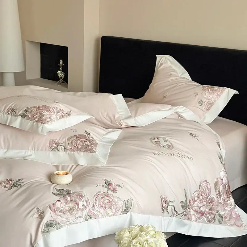 DecorBites™ 4-Piece Pink Purple Flowers Embroidery Bedding Set in 1000TC Egyptian Cotton
