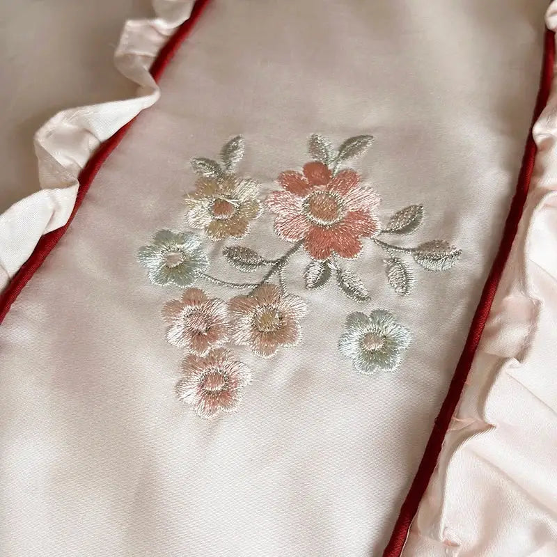 Pink satin embroidery lace ruffles bedding set bedroom cotton