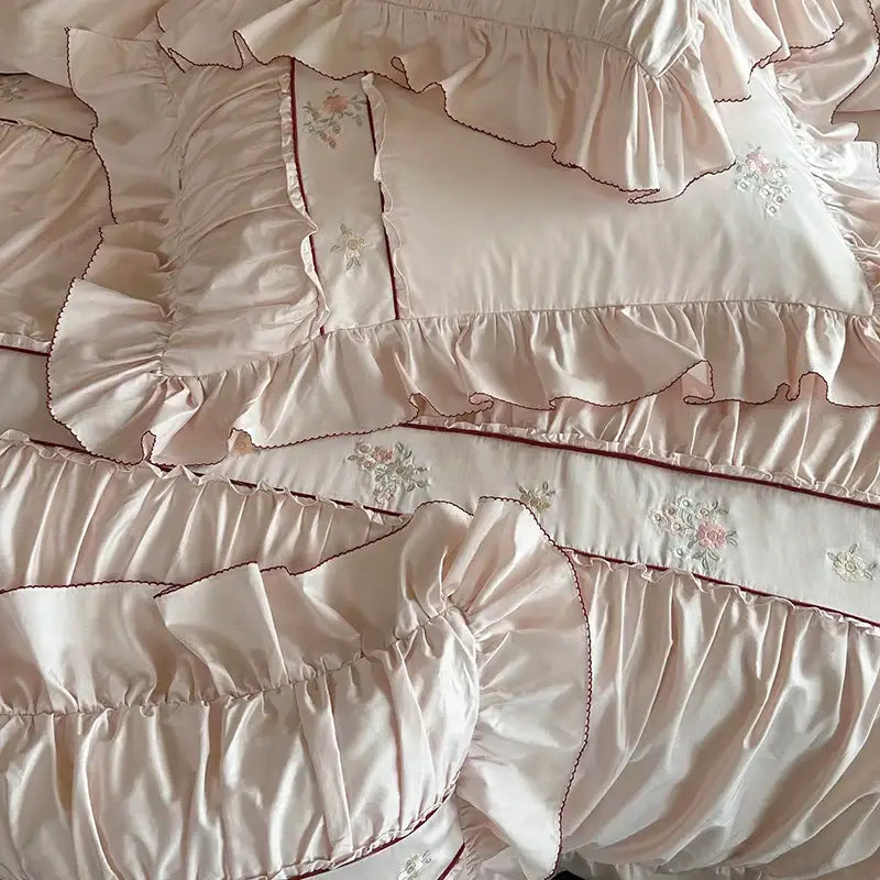 Pink satin embroidery lace ruffles bedding set bedroom cotton