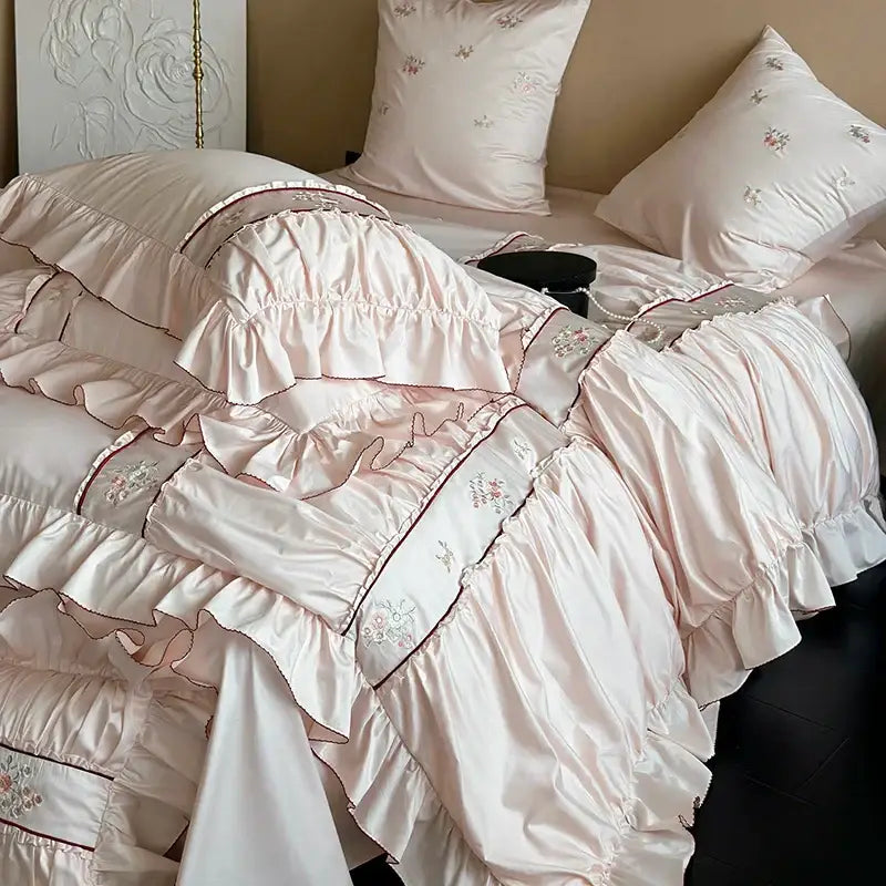 Pink satin embroidery lace ruffles bedding set bedroom cotton