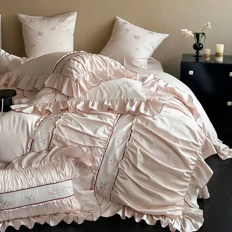 Pink satin embroidery lace ruffles bedding set bedroom cotton