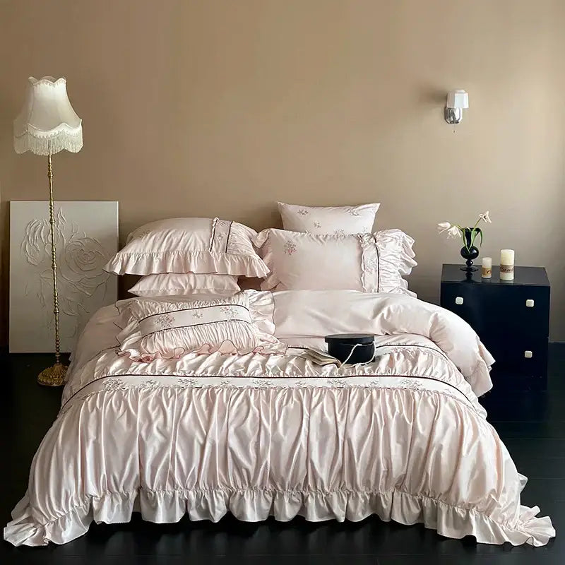 Pink satin embroidery lace ruffles bedding set bedroom cotton