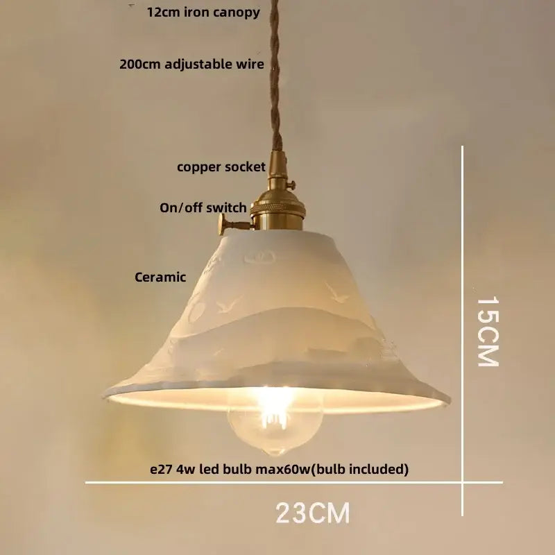 Pleated white fabric pendant light bedroom ceramic wood decor